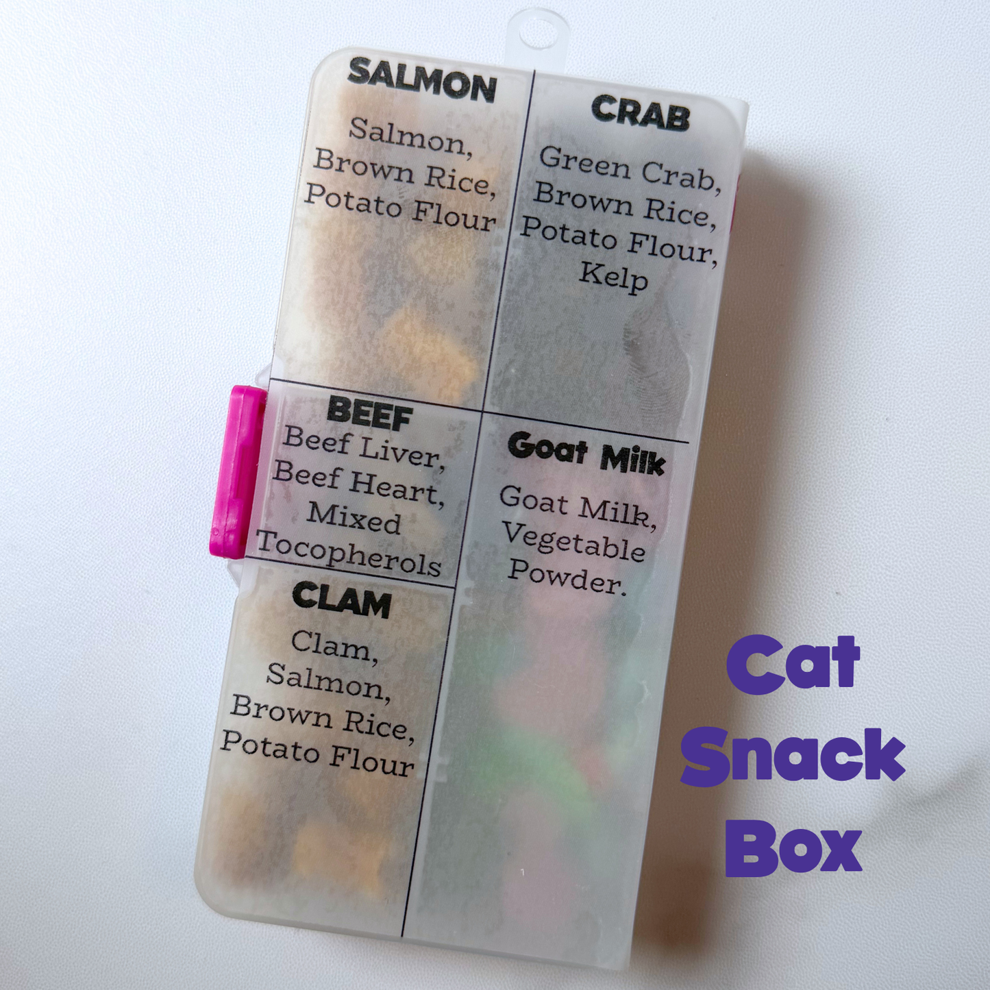 Cat snack box with various ingredients listed on a white background