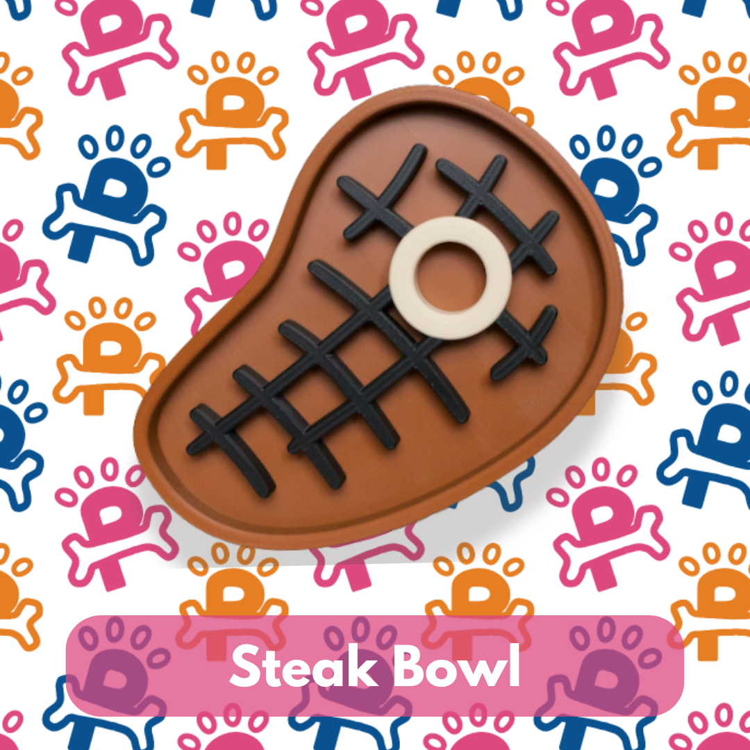 Dog toy shaped like a steak on a colorful patterned background with 'Steak Bowl' text.