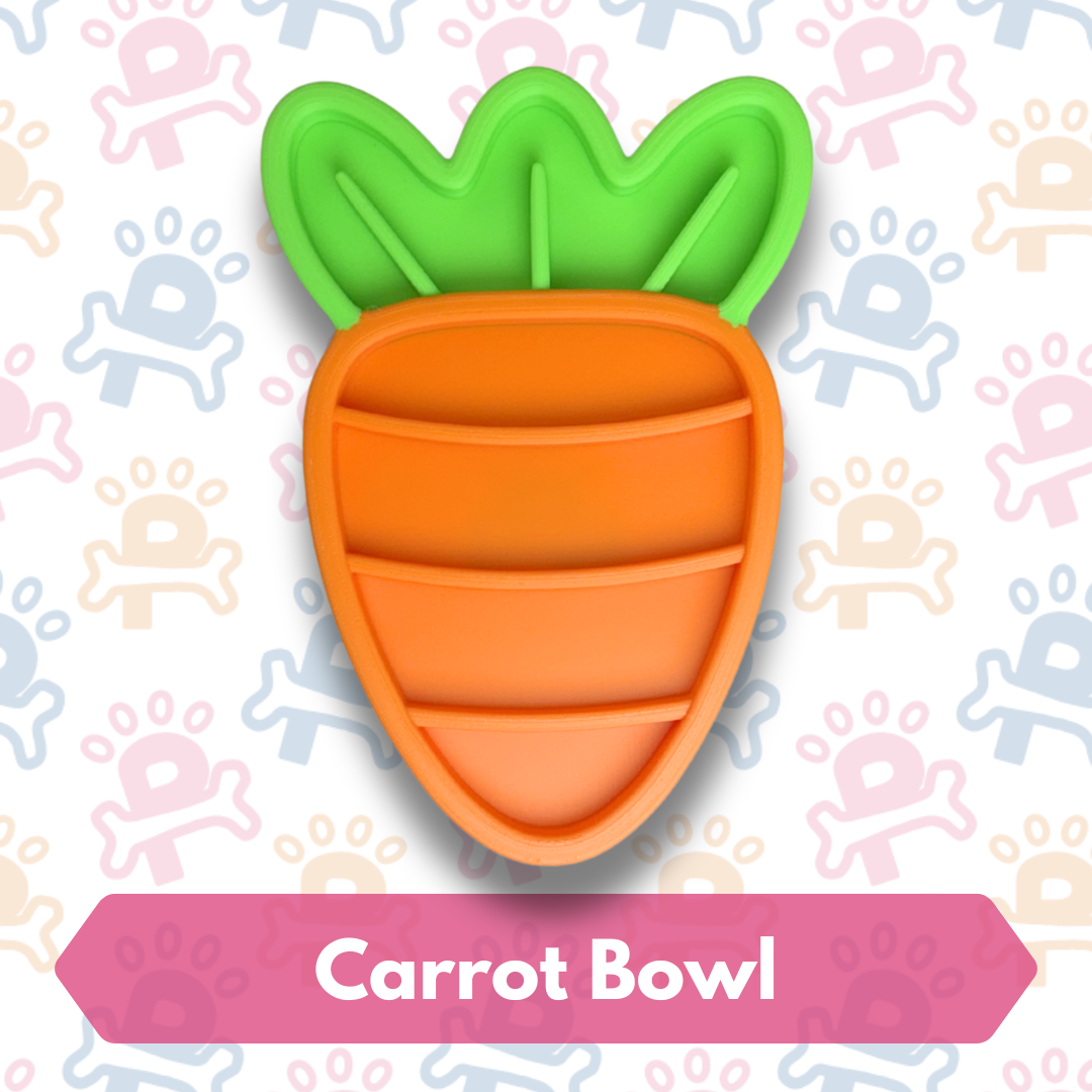 Carrot-shaped bowl with green top on a patterned background