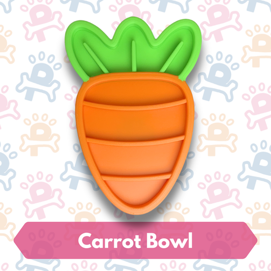 Carrot-shaped bowl with green top on a patterned background
