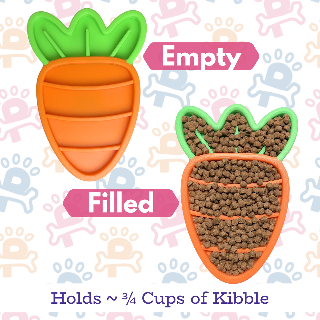 Carrot-shaped pet treat container with 'Empty' and 'Filled' labels on a patterned background.