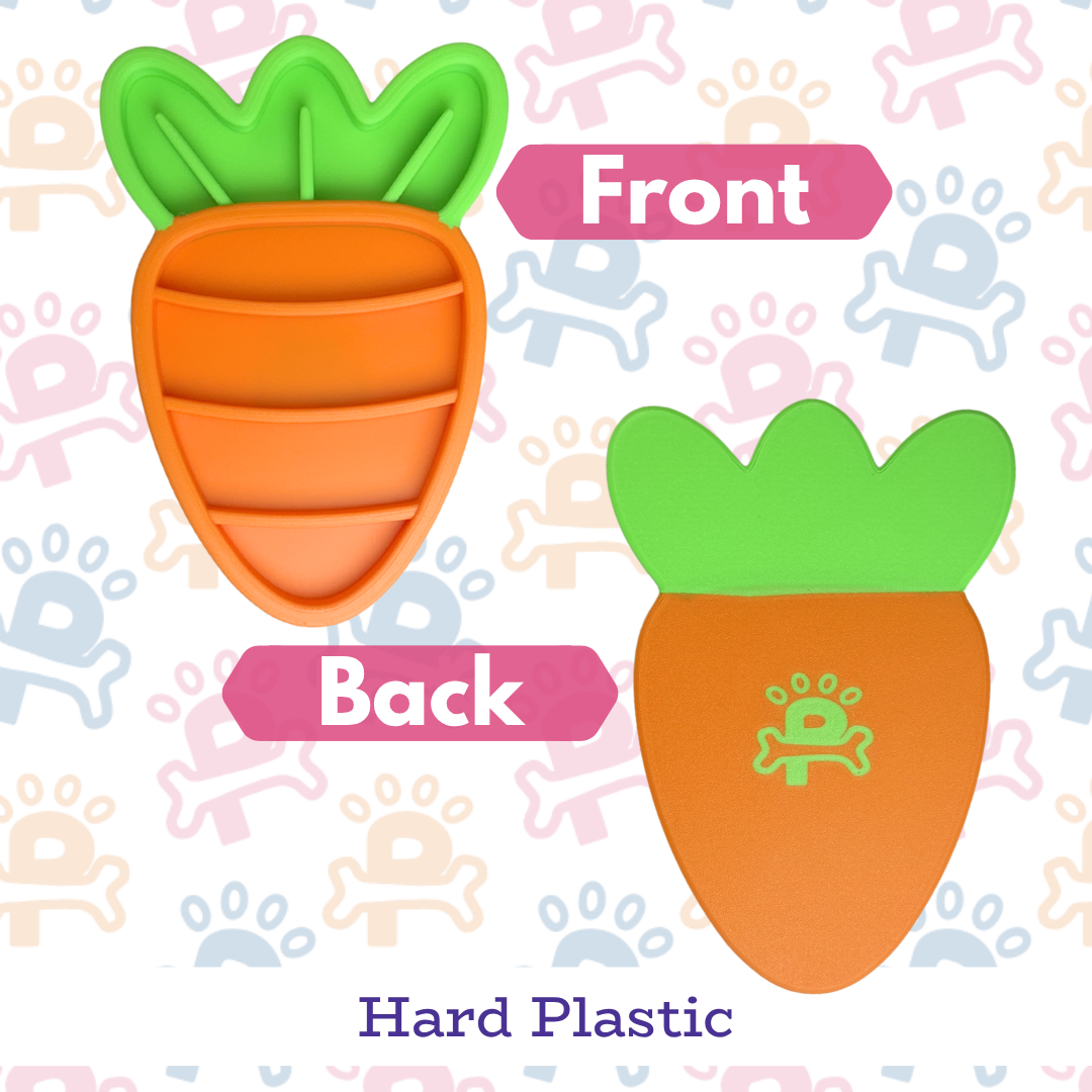 Carrot-shaped cookie cutter with green leaves on a patterned background