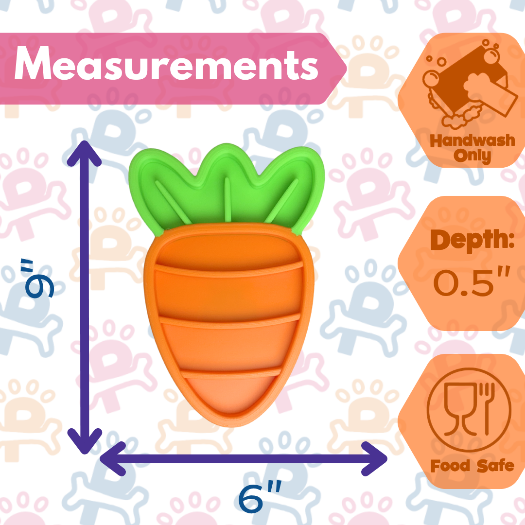 Carrot-shaped cookie cutter with measurements and safety icons on a patterned background
