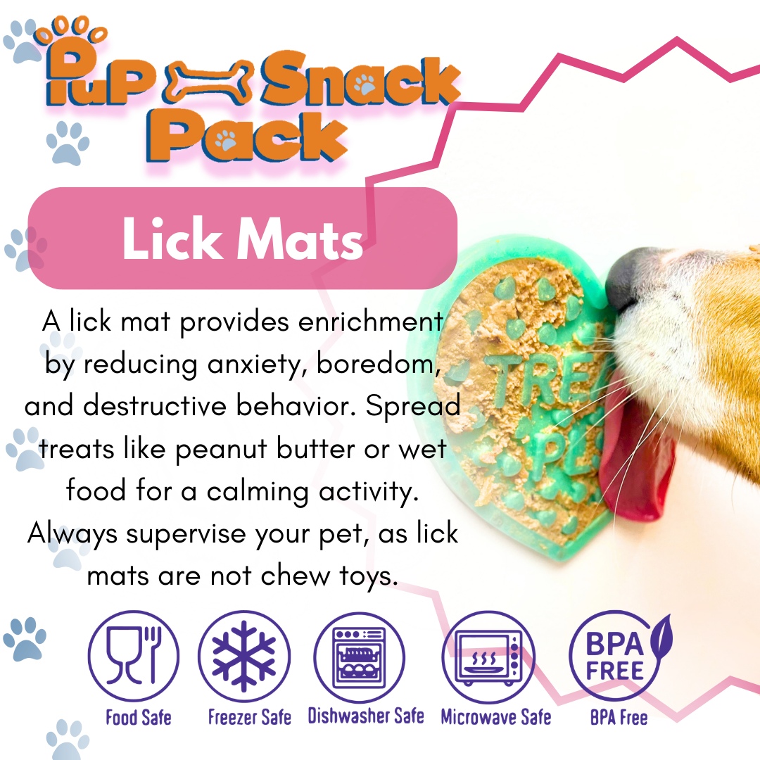 Lick mat for pets with text explaining its benefits and features.