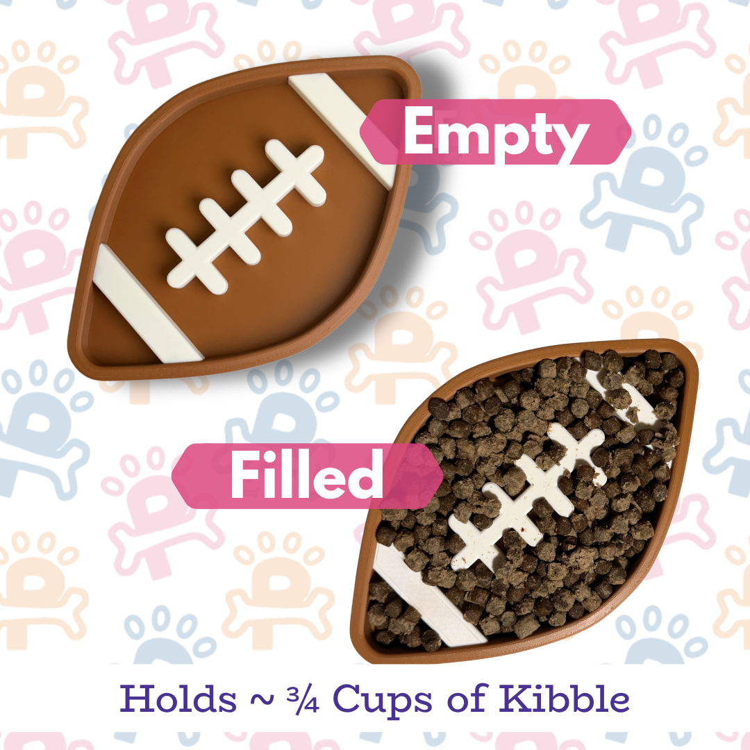 Football-shaped pet bowl with 'Empty' and 'Filled' labels on a patterned background