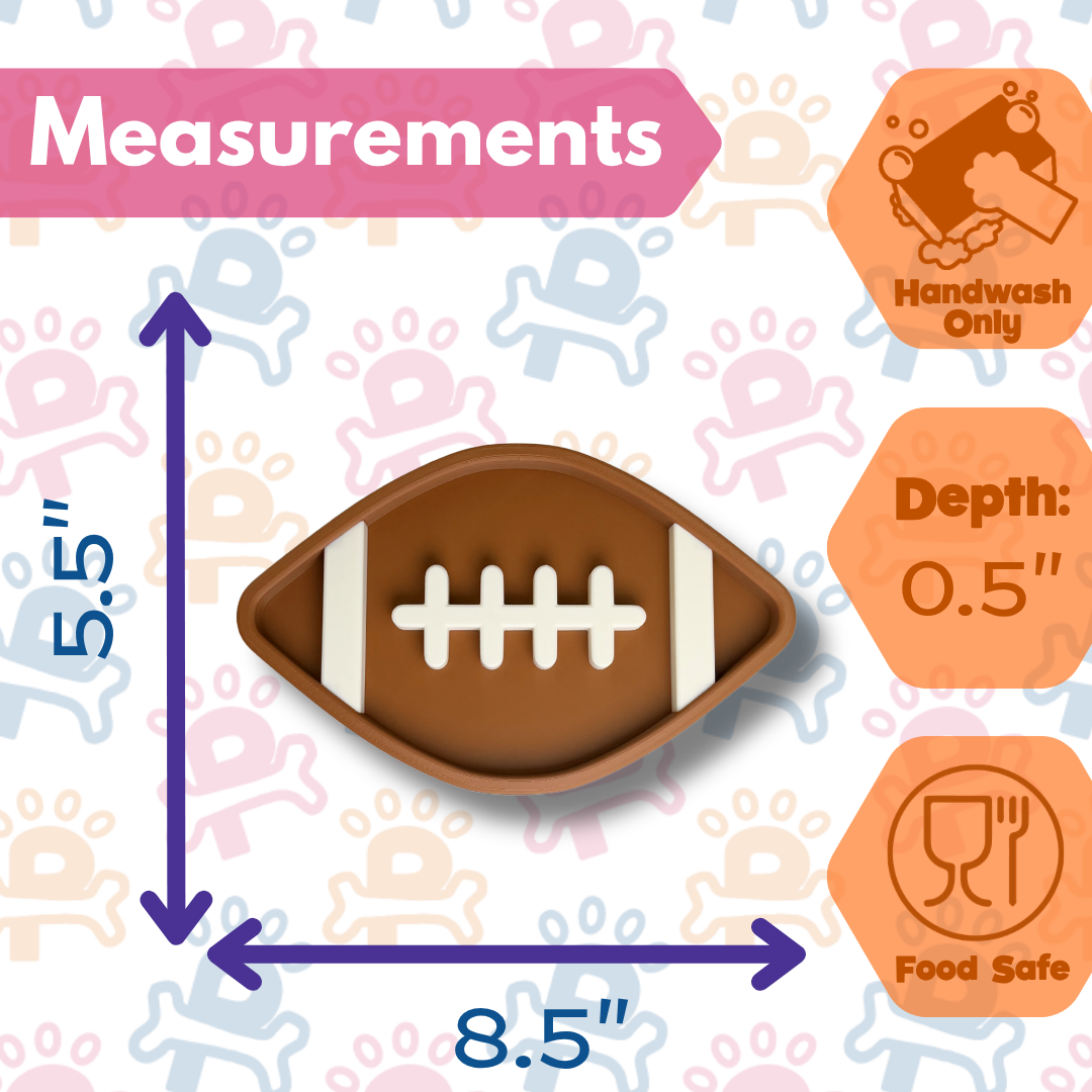 Measurement chart for a football-shaped cookie cutter with dimensions and safety icons on a patterned background.