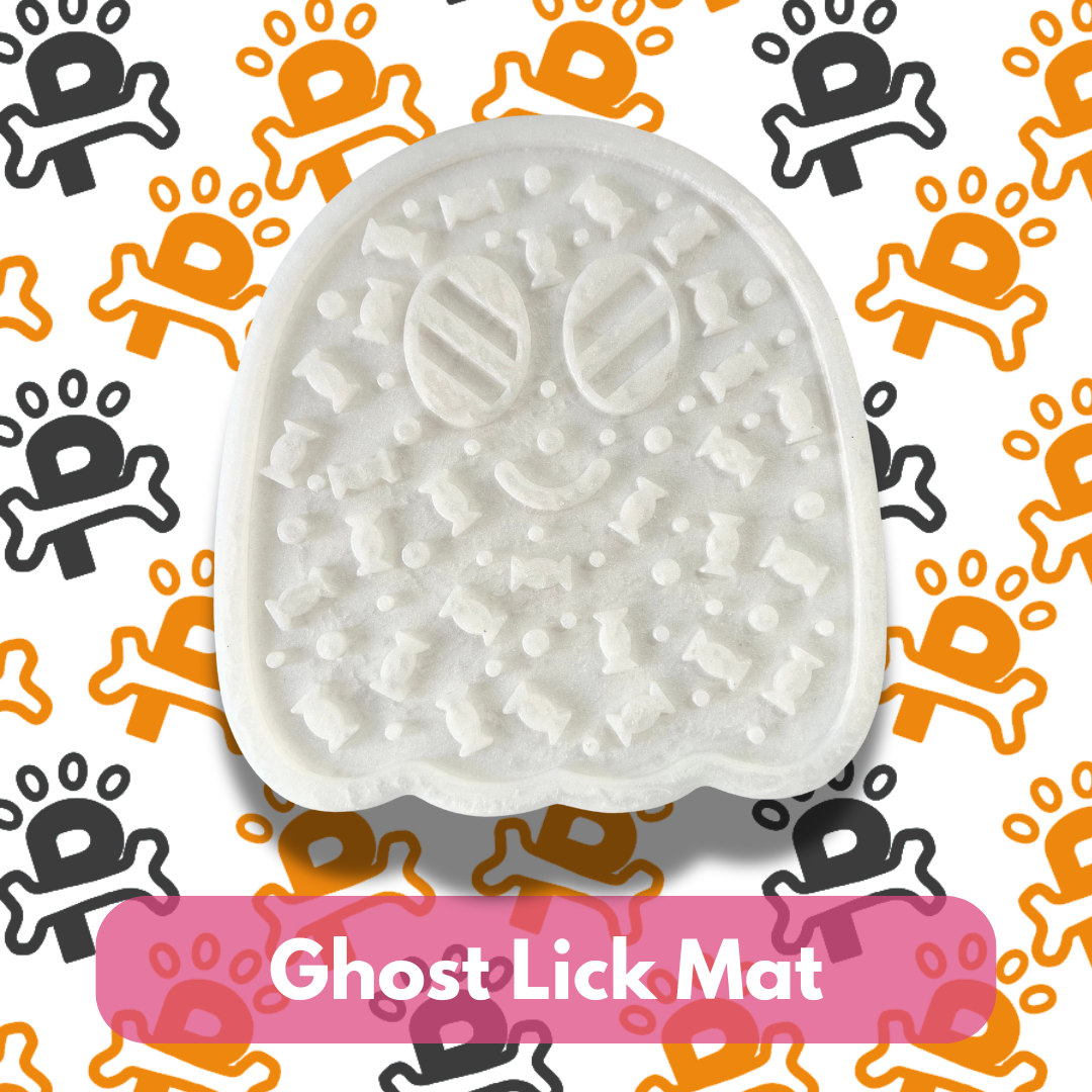 White dog lick mat with 'Ghost Lick Mat' text on a colorful background