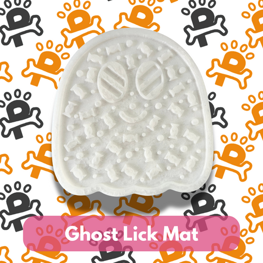 White dog lick mat with 'Ghost Lick Mat' text on a colorful background
