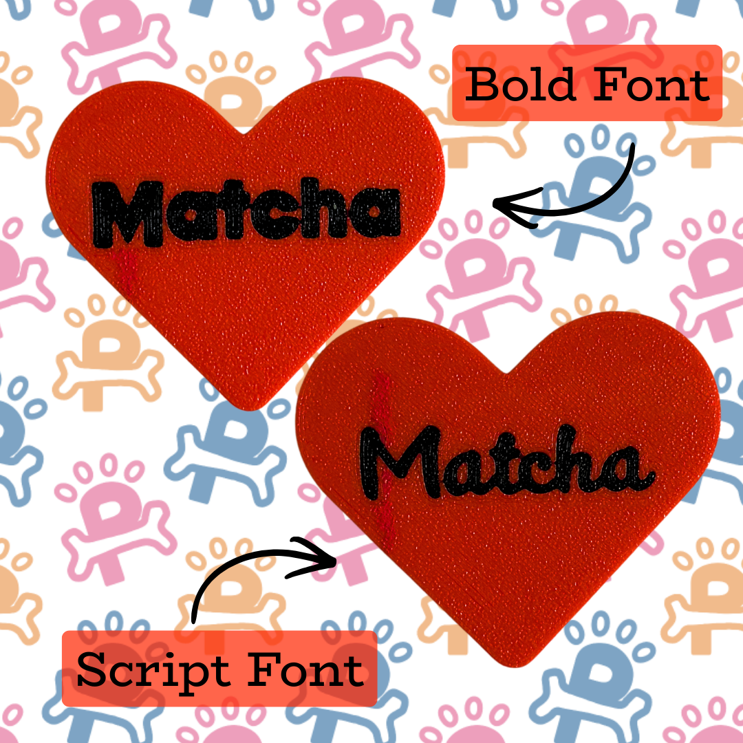 Two red hearts with 'Matcha' text in different fonts on a colorful background with animal illustrations.