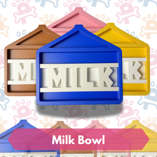Colorful 'Milk Bowl' letter molds on a patterned background
