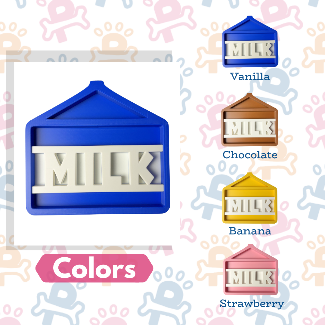 Silicone mold shaped like a milk carton with 'MILK' text, displayed in blue, vanilla, chocolate, banana, and strawberry colors on a patterned background.