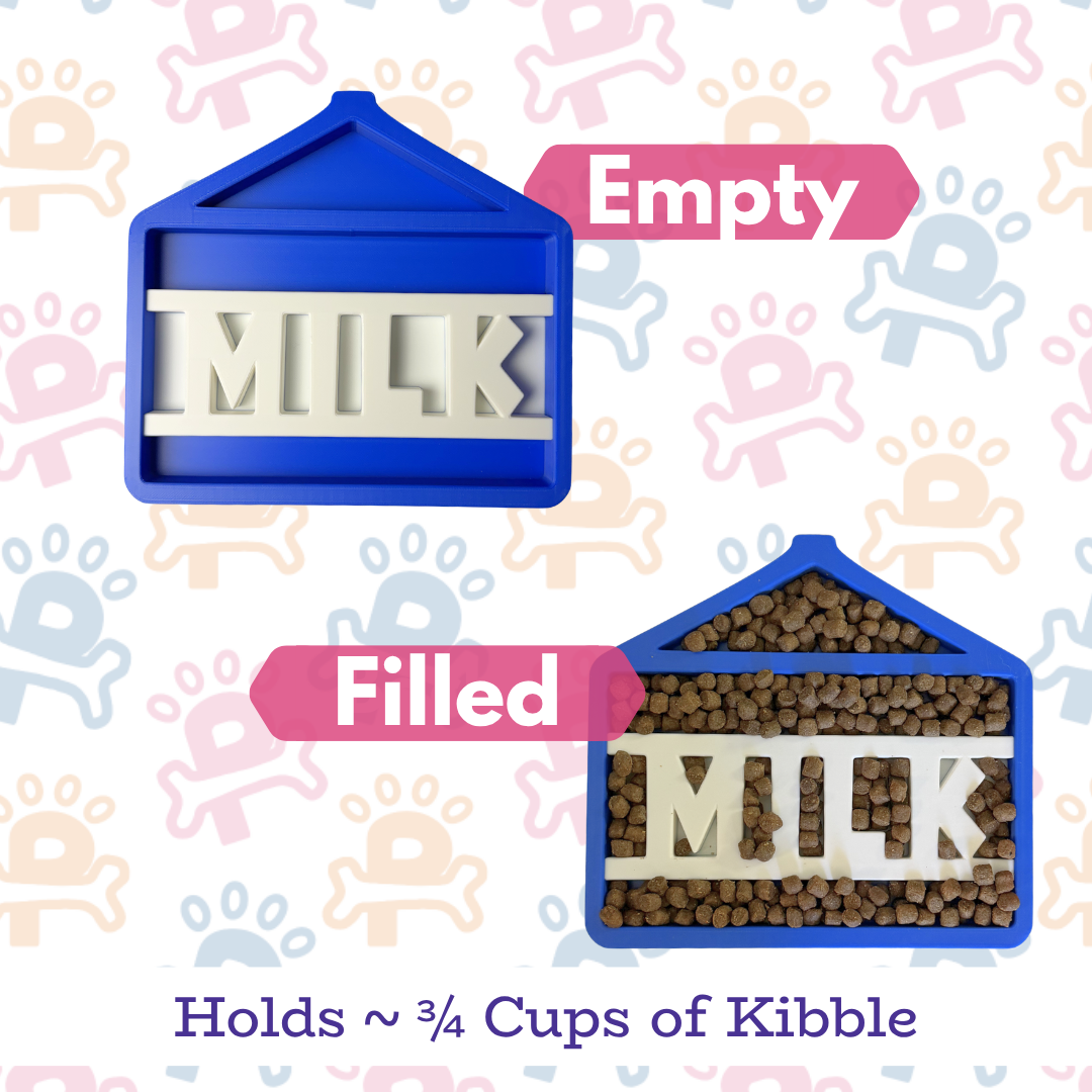 Dog food container labeled 'Milk' with 'Empty' and 'Filled' indicators on a patterned background.
