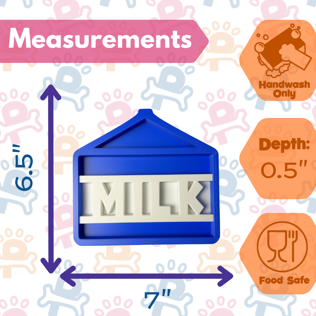 Blue mold with 'MILK' letters on a patterned background with measurements and safety information.