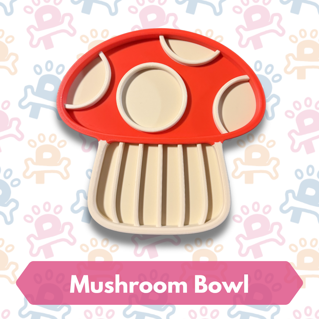 Mushroom-shaped bowl with red top and beige stem on a patterned background