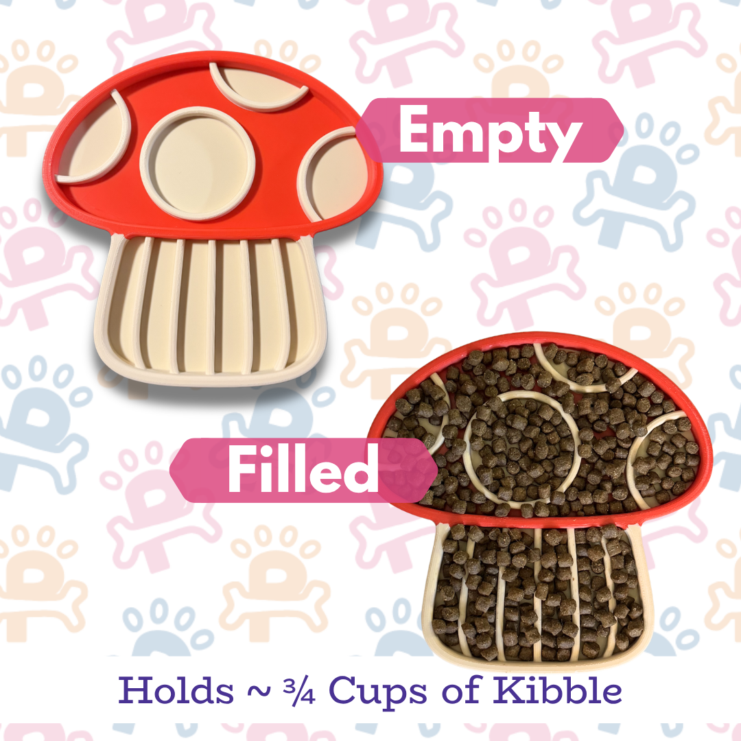 Mushroom-shaped pet feeder with 'Empty' and 'Filled' labels on a patterned background