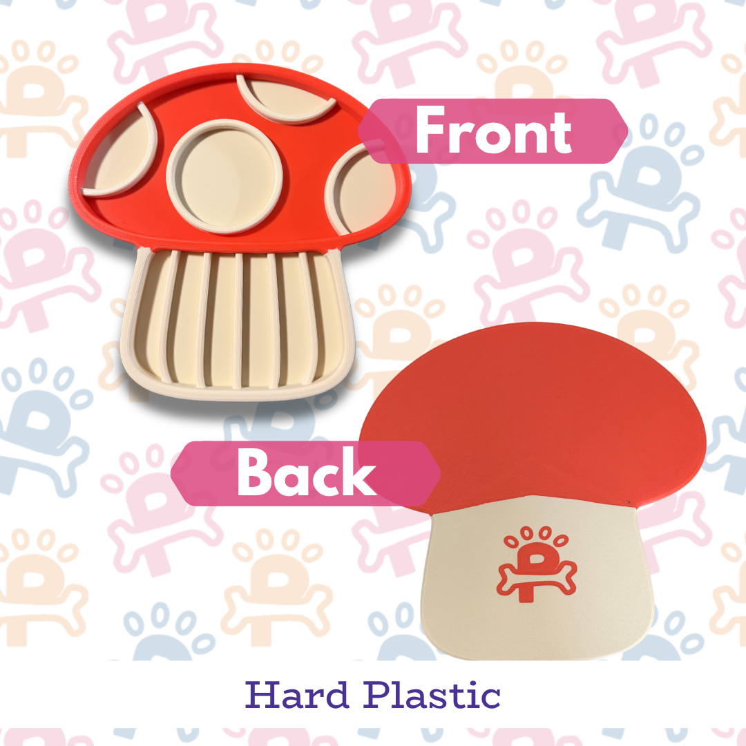 Wooden mushroom-shaped object showing front and back views on a patterned background