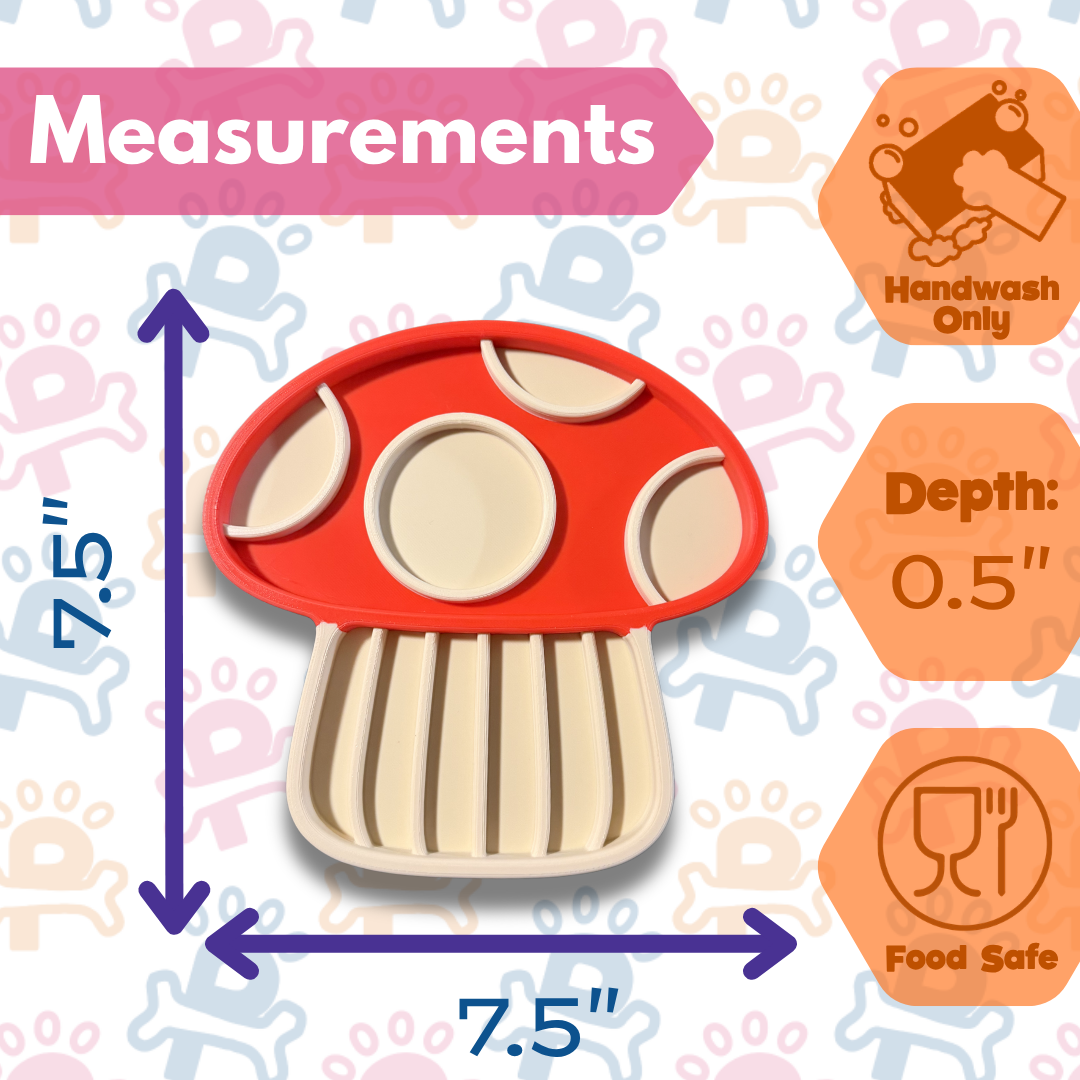 Mushroom-shaped cookie cutter with measurements and safety icons on a patterned background