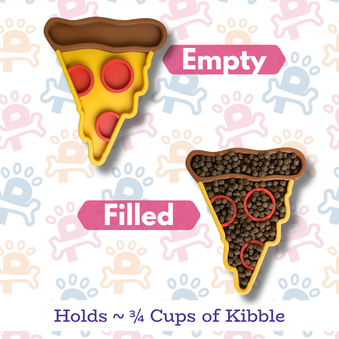 Two pizza-shaped pet food containers labeled 'Filled' and 'Empty' on a patterned background.