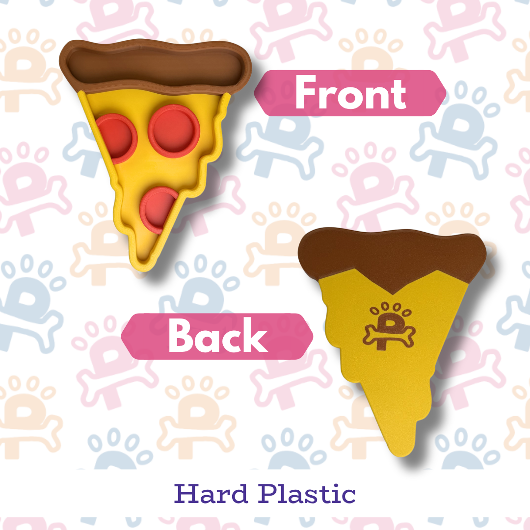 Pizza slice-shaped object with front and back views on a patterned background