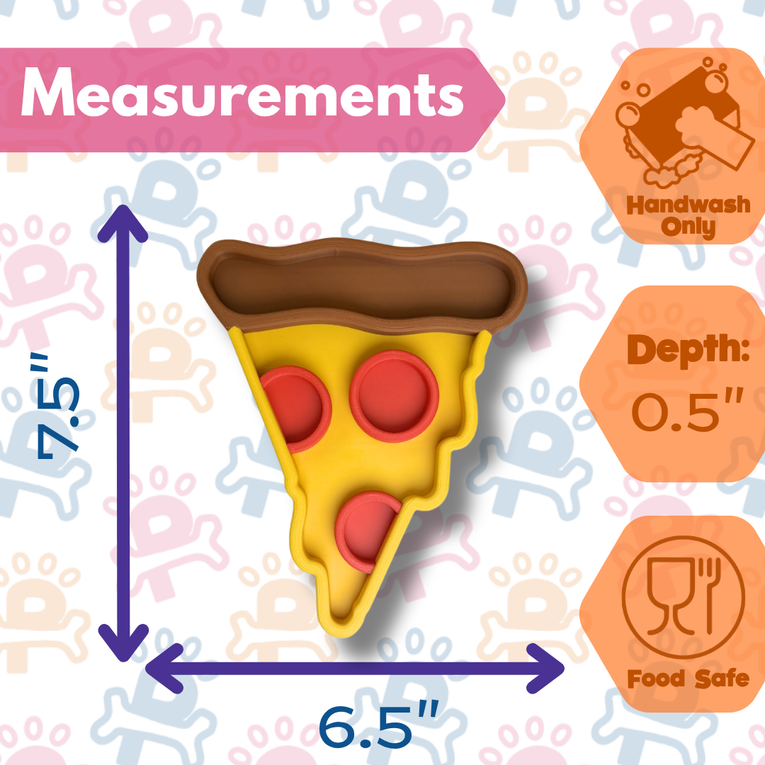 Pizza-shaped toy with measurements and safety icons on a colorful background