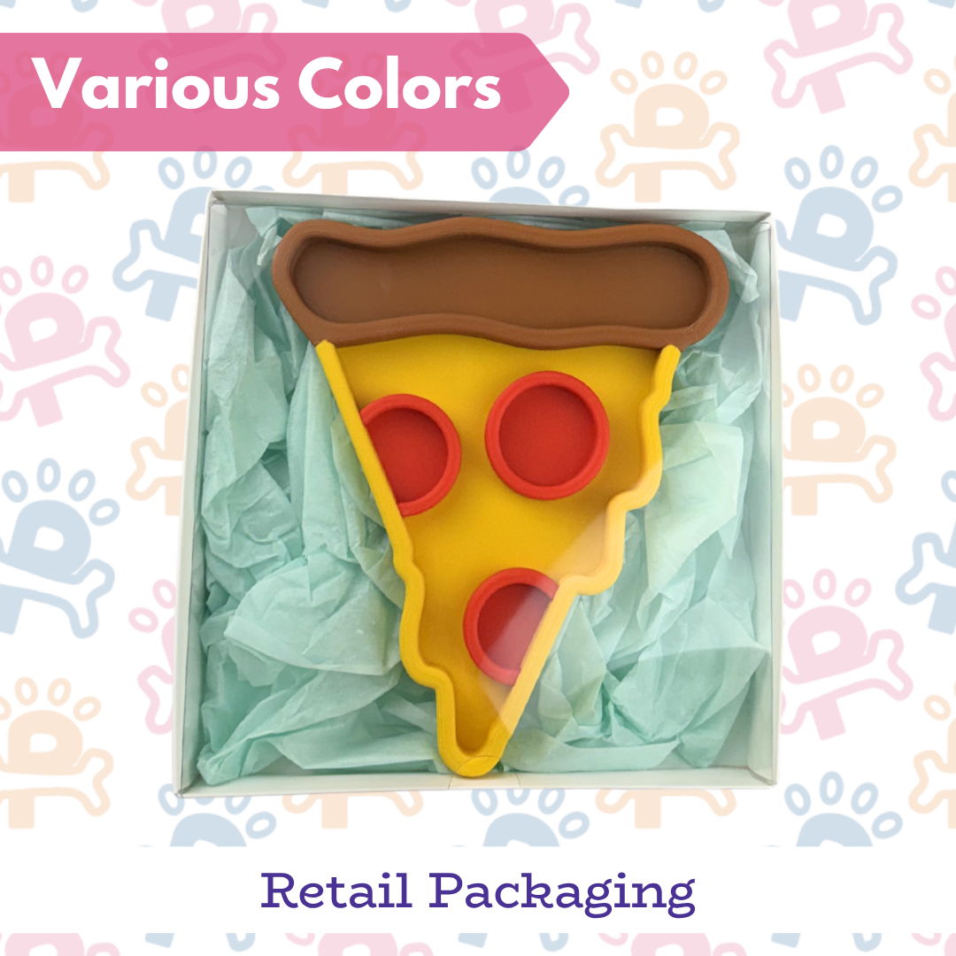 Pizza-shaped toy in a box with 'Various Colors' text above and 'Retail Packaging' text below.