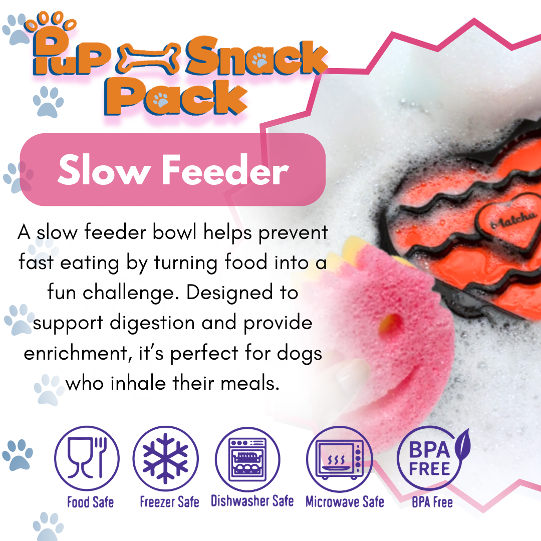 Advertisement for a 'Pup Snack Pack' slow feeder bowl with text and icons indicating features.
