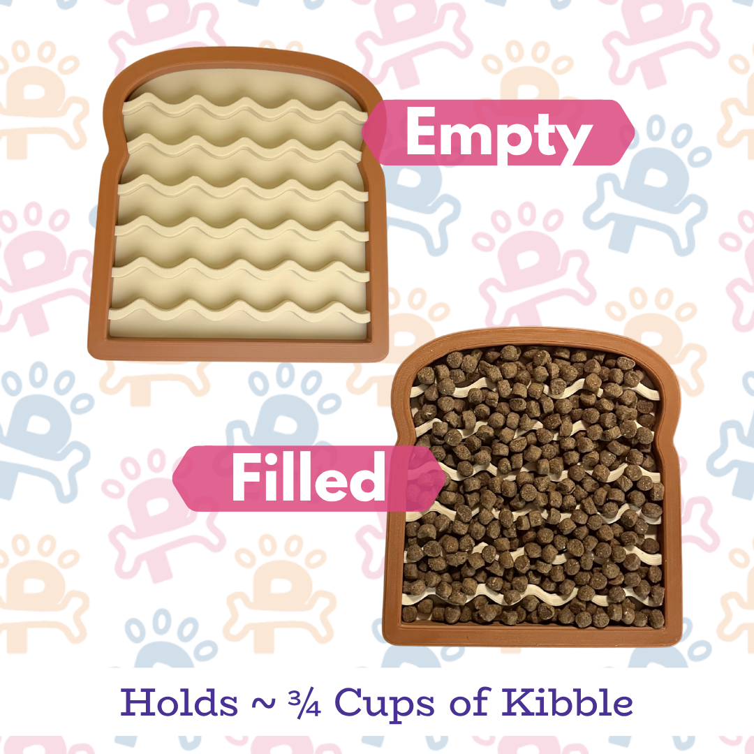 Two slices of bread with one empty and one filled with kibble, on a patterned background.