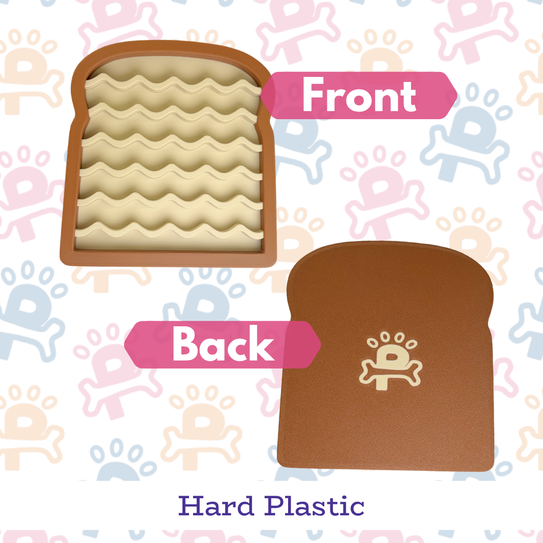 Illustration of a hard plastic toy shaped like a slice of bread with 'Front' and 'Back' labels on a patterned background.