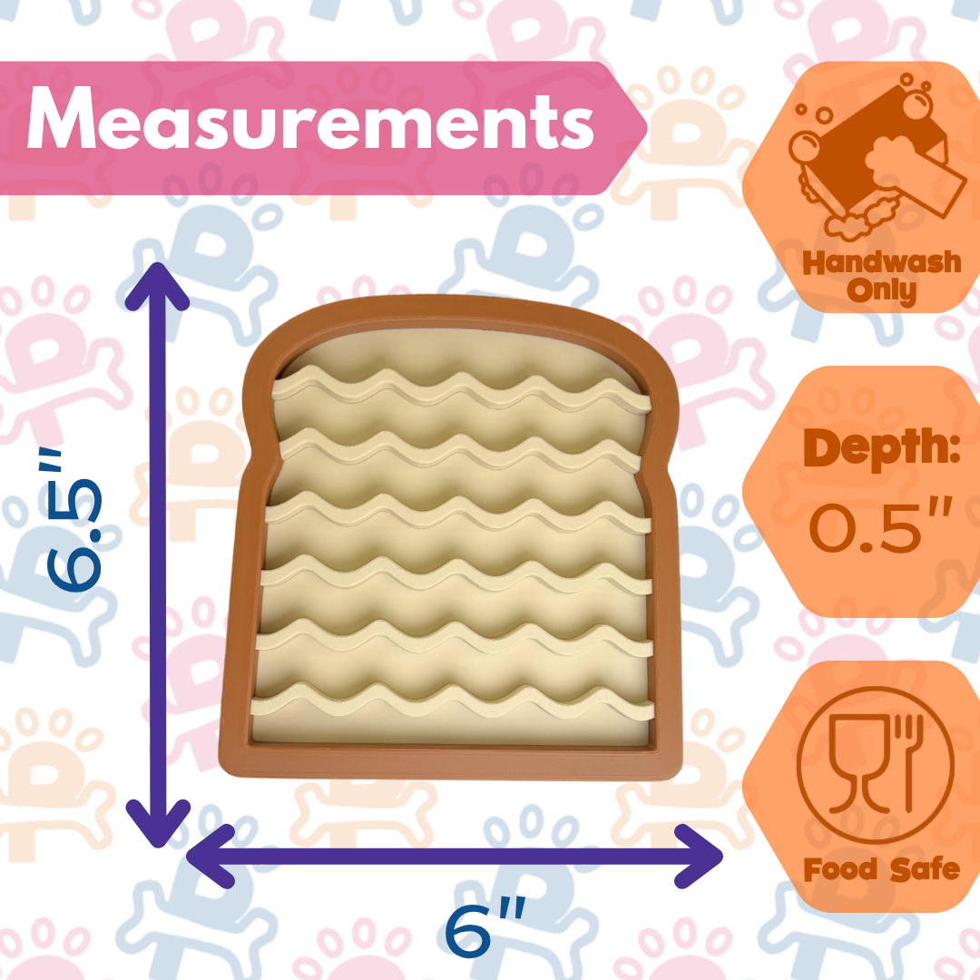 Measurement chart for a toy resembling a slice of bread with icons and text indicating 'Handwash Only', 'Depth: 0.5"'